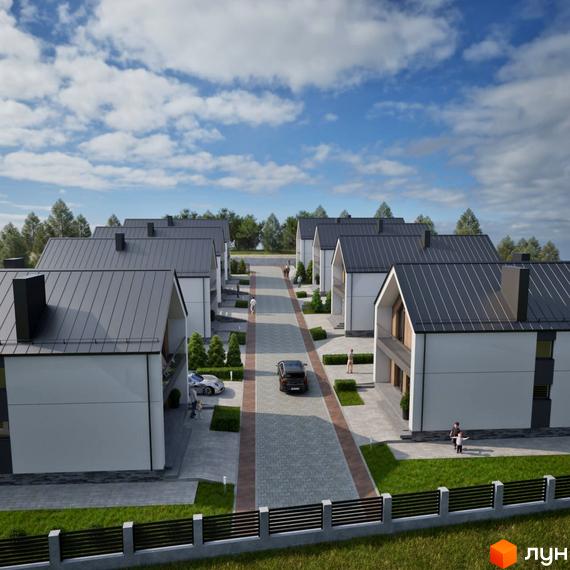 Котеджне містечко Zlagoda-Hills з білими фасадами та сірими дахами, розташоване вздовж вулиці з бруківкою та зеленими насадженнями.