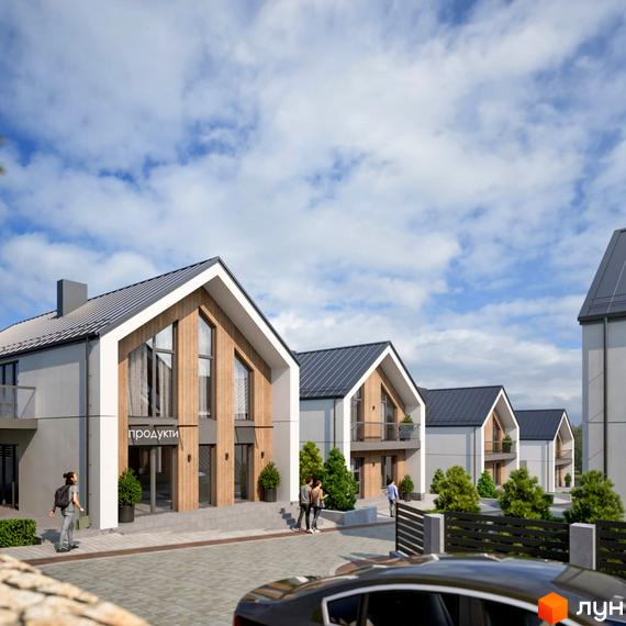 Котеджне містечко Zlagoda-Hills: фасади будинків з дерев'яними елементами та великими вікнами, перед будинками доглянута територія з деревами та доріжками.