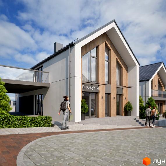 Котеджне містечко KM Zlagoda-Hills з фасадами з дерева та білої штукатурки, великими вікнами та доглянутою прибудинковою територією з зеленими насадженнями.