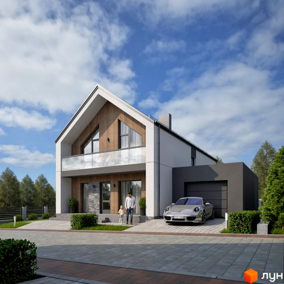 Котеджне містечко Zlagoda-Hills: двоповерховий будинок з гаражем та автомобілем біля входу, доглянута прибудинкова територія з деревами та газоном.