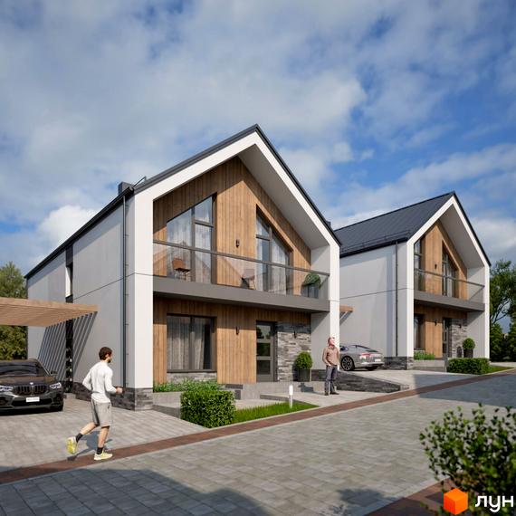 Зовнішній вигляд котеджного містечка КМ Zlagoda-Hills з двома будинками, що мають двосхилі дахи та великі вікна, та прибудинковою територією з автомобілями та зеленими насадженнями.