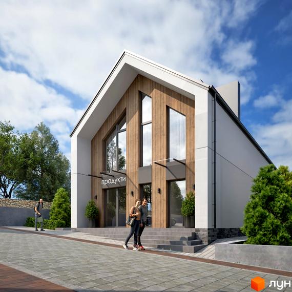 Зовнішній вигляд будівлі житлового комплексу КМ Zlagoda-Hills з дерев'яними елементами фасаду та великими вікнами. Навколо будівлі розташована прибудинкова територія з бруківкою та зеленими насадженнями.