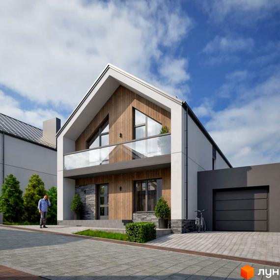Зовнішній вигляд будинку комплексу КМ Zlagoda-Hills з дерев'яними елементами та скляним балконом. Поруч розташована прибудинкова територія з велосипедом та гаражем.
