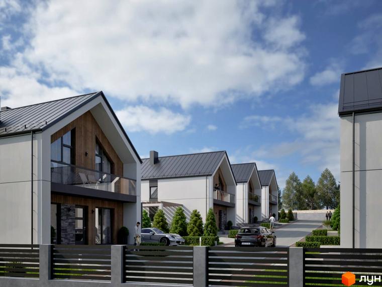 Котеджне містечко КМ Zlagoda-Hills з сучасними будинками та доглянутою прибудинковою територією. На зображенні видно фасади будинків, дороги та зелені насадження.