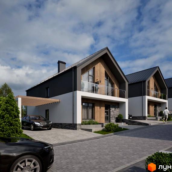 Котеджне містечко Zlagoda-Hills: двоповерхові будинки з темною та білою обробкою, дерев'яними вставками та скляними балконами. Прибудинкова територія з вимощеними доріжками та автомобілями.