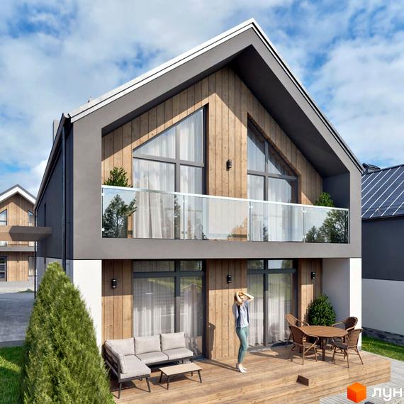 Котеджне містечко Zlagoda-Hills: двоповерховий будинок з дерев'яним фасадом, великими вікнами та балконом з скляною огорожею. На дерев'яній терасі розташовані меблі для відпочинку.