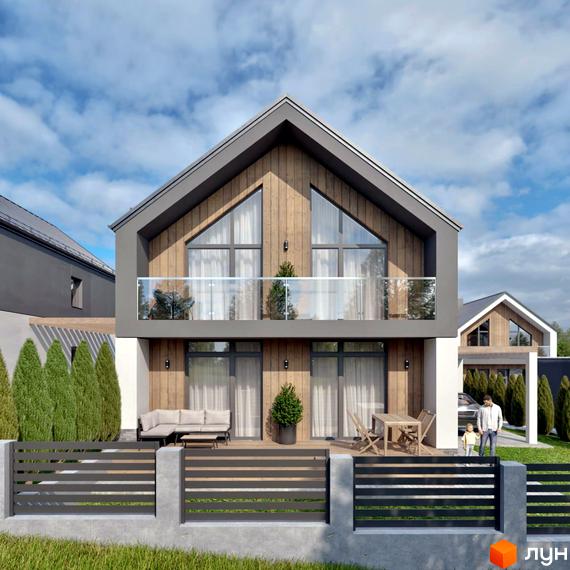 Котеджне містечко Zlagoda-Hills: двоповерховий будинок з дерев'яним фасадом, великими вікнами та скляним балконом. Прибудинкова територія з парканом, газоном та деревами.