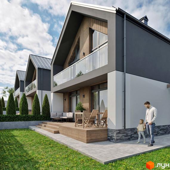 Котеджне містечко Zlagoda-Hills з сучасним дизайном фасадів та просторою прибудинковою територією з газоном та терасою.