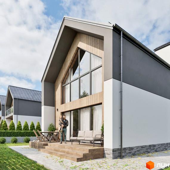 Зовнішній вигляд будинку КМ Zlagoda-Hills з великими вікнами та дерев'яною обшивкою, на прибудинковій території розташовані тераса з меблями та зелені насадження.