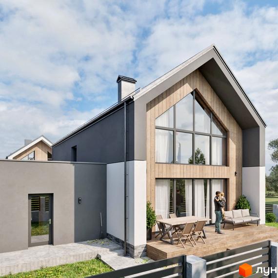 Котеджне містечко Zlagoda-Hills: двоповерховий будинок з великими вікнами та дерев'яним оздобленням, тераса з меблями та зелень.