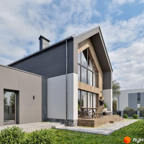 Котеджне містечко KM Zlagoda-Hills: двоповерховий будинок з великими вікнами та терасою, оточений зеленню.