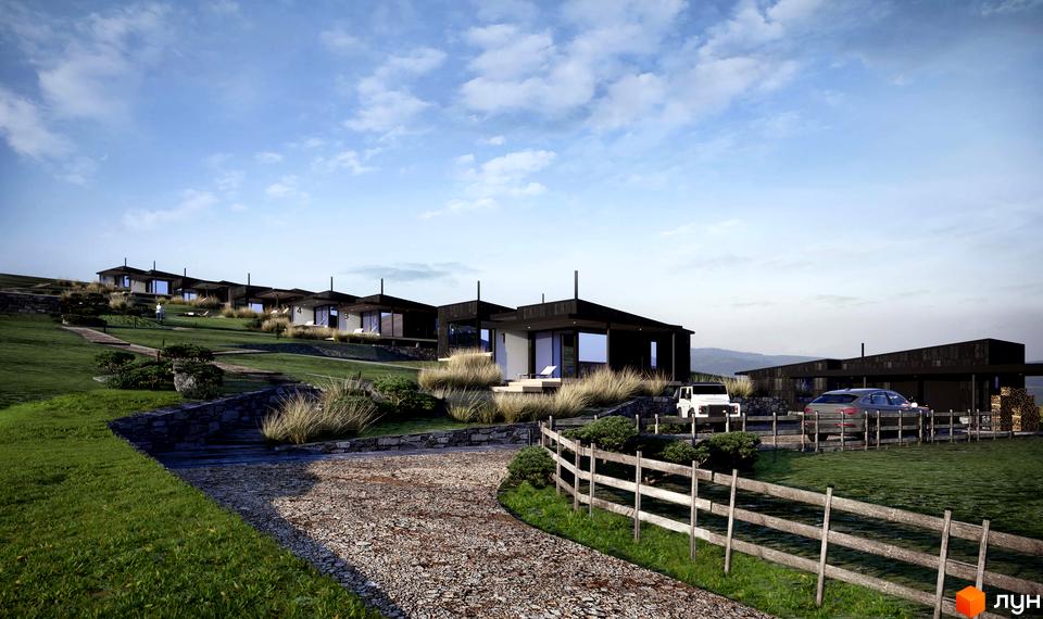 Котеджне містечко КМ BARVY: сучасні будинки на схилі пагорба з панорамними вікнами та доглянутою прибудинковою територією.