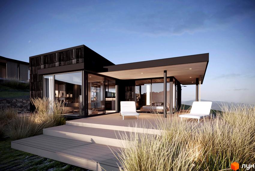 Котеджне містечко BARVY: сучасний одноповерховий будинок з великими вікнами та терасою, оточений високою травою та мальовничим краєвидом.