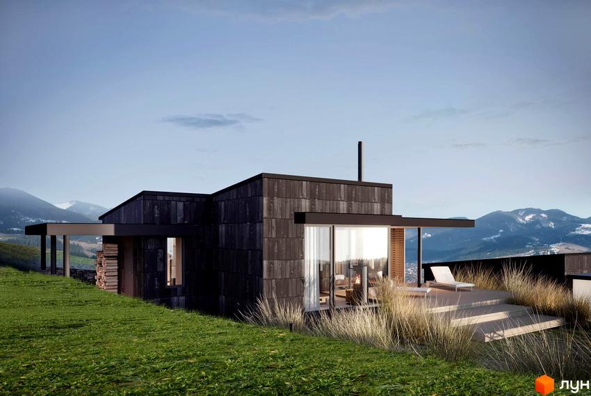 Котеджне містечко BARVY: сучасний будинок з темними фасадами та великими вікнами, розташований на схилі гори з терасою та оглядом на гірський пейзаж.