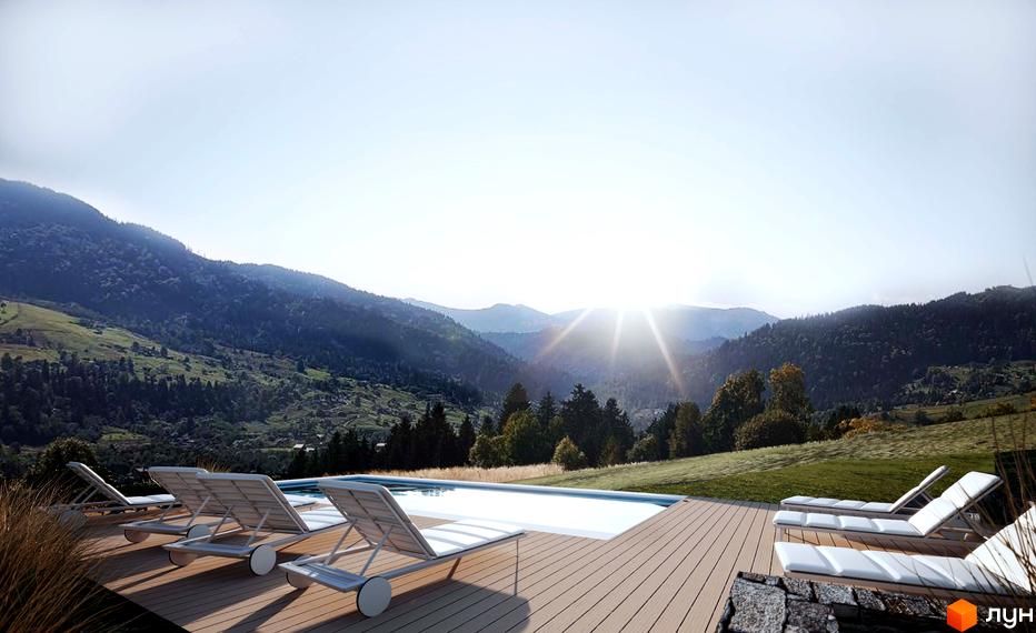 КМ BARVY: сучасний житловий комплекс з басейном та шезлонгами на фоні гірського пейзажу. Відкривається чудовий вид на гори та сонячний захід.