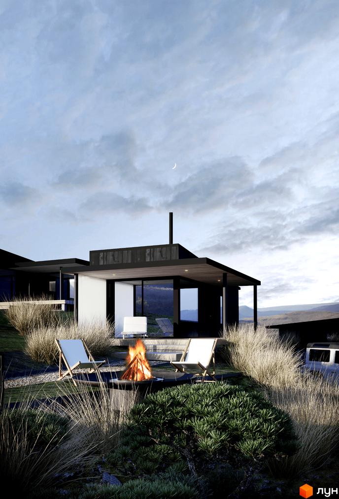 Котеджне містечко КМ BARVY: сучасний екстер'єр будинку з панорамними вікнами та терасою, зона відпочинку з багатьором та шезлонгами.