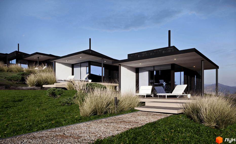 Котеджне містечко BARVY: сучасні будинки з панорамними вікнами та терасами, оточені зеленню та природним ландшафтом.