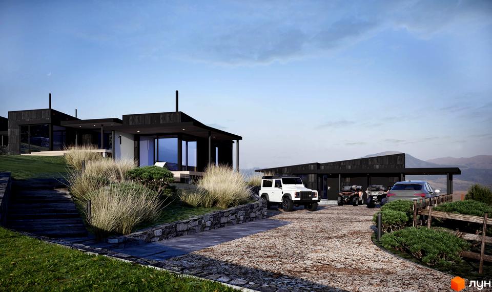 Котеджне містечко BARVY: сучасна архітектура з чорними фасадами та великими вікнами, прибудинкова територія з автомобілями та ландшафтним дизайном.