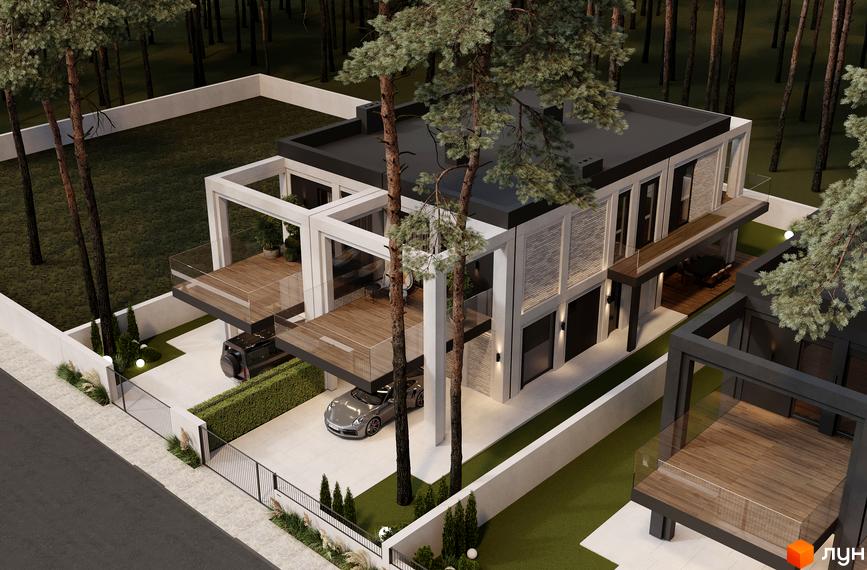 Котеджне містечко КМ Wise Homes. Сучасний двоповерховий будинок з великими вікнами та дерев'яними терасами на тлі хвойного лісу.