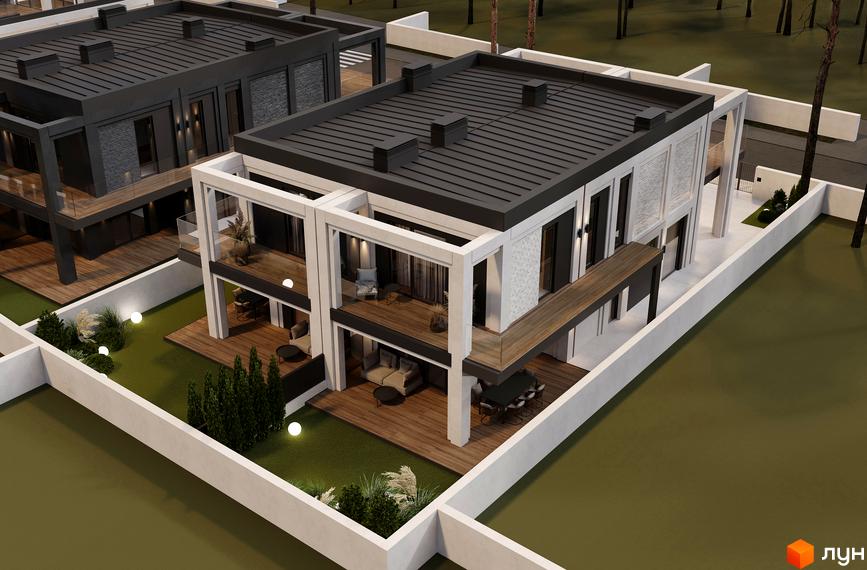 Котеджне містечко КМ Wise Homes. Зовнішній вигляд двоповерхових будинків з терасами та прибудинковою територією з газоном і освітленням.