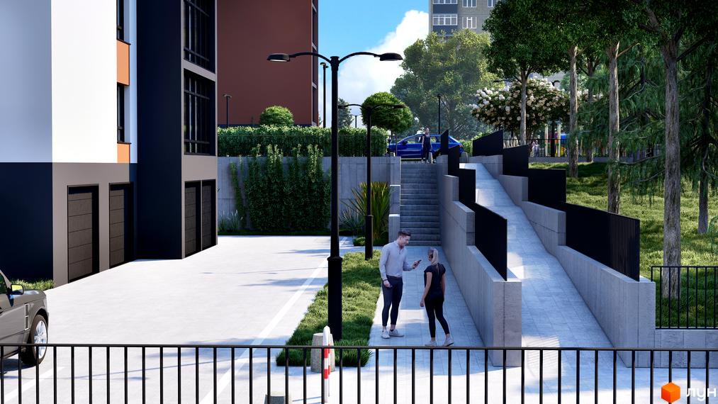 Зовнішній вигляд ЖК Бонвіль з прибудинковою територією, що включає паркінг, зелені зони та дитячий майданчик.