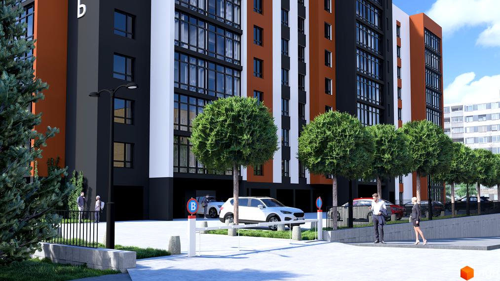 Житловий комплекс Бонвіль з фасадами в помаранчевих та сірих тонах, великими вікнами та доглянутою прибудинковою територією з деревами та парканами.