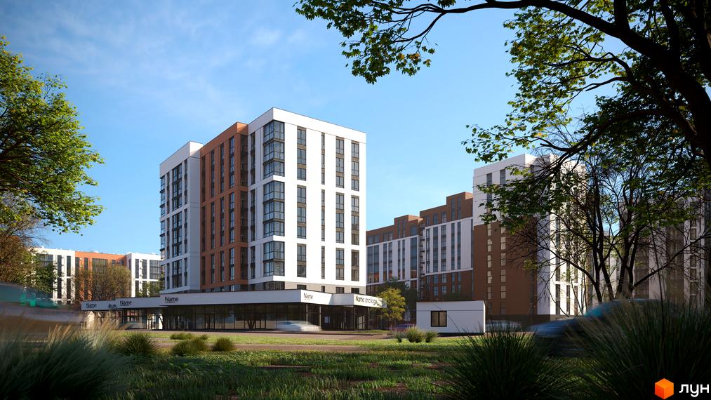 Житловий комплекс Супернова - сучасна архітектура з білими та коричневими фасадами, великими вікнами та зеленою прибудинковою територією. Комплекс розташований у місті.