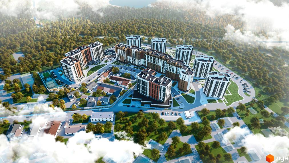 Житловий комплекс Супернова: сучасна архітектура з цегляними та білими фасадами, панорамними вікнами. Прибудинкова територія з зеленими зонами та парковкою.