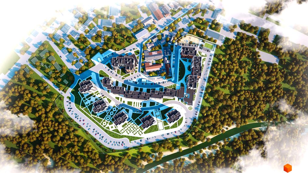 Аерофотозйомка житлового комплексу Супернова з багатоповерховими будинками та зеленою прибудинковою територією. На зображенні видно дороги, парковки та лісовий масив.