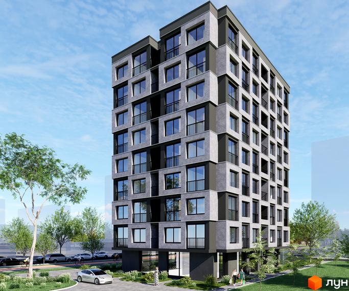 Зовнішній вигляд новобудови ЖК BRAVE з сірими фасадами та великими вікнами на тлі блакитного неба. Навколо будинку зелена територія з деревами та припаркованими автомобілями.