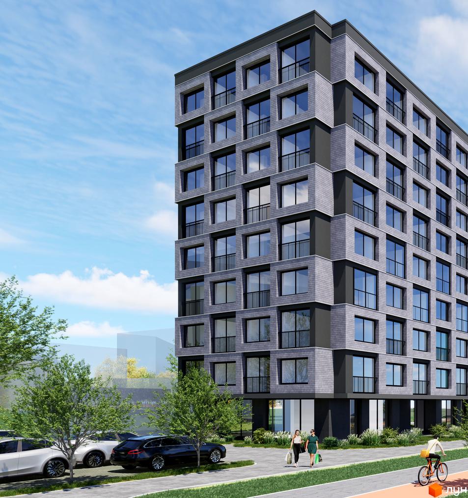 Новобудова ЖК BRAVE з сірою цегляною облицовкою та великими вікнами. Прибудинкова територія з деревами, парковкою та пішохідною доріжкою.