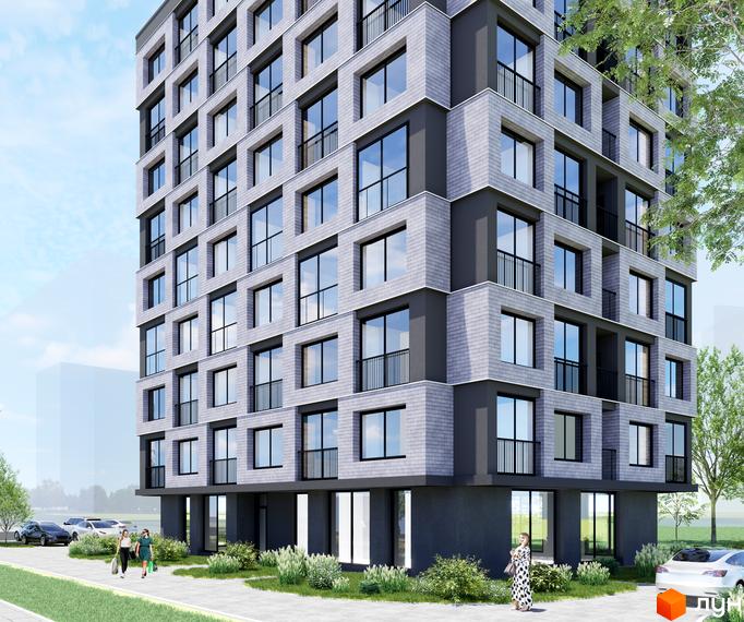 Новобудова ЖК BRAVE з сірими фасадами та великими вікнами, розташована біля доглянутої прибудинкової території з зеленню та доріжками.