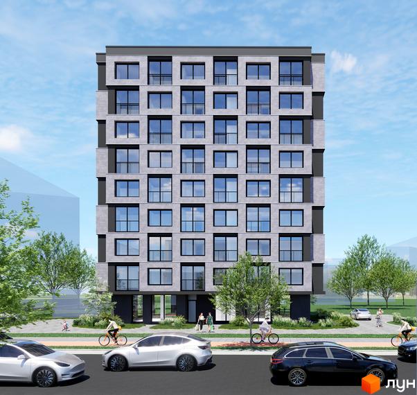 Будівельний проєкт BRAVE - це багатоповерховий будинок з сірим фасадом та великою кількістю вікон. Навколо будівлі розташовані дерева та дорога з автомобілями.