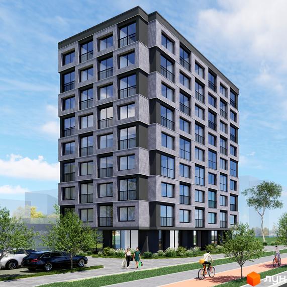 Зовнішній вигляд новобудови ЖК BRAVE з сірим фасадом та великими вікнами. Поруч розташована прибудинкова територія з деревами та доріжками.