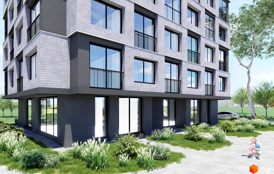 Зовнішній вигляд житлового комплексу BRAVE з сірою цегляною облицовкою та великими вікнами. Прибудинкова територія з зеленими насадженнями та дитиною з батьком.