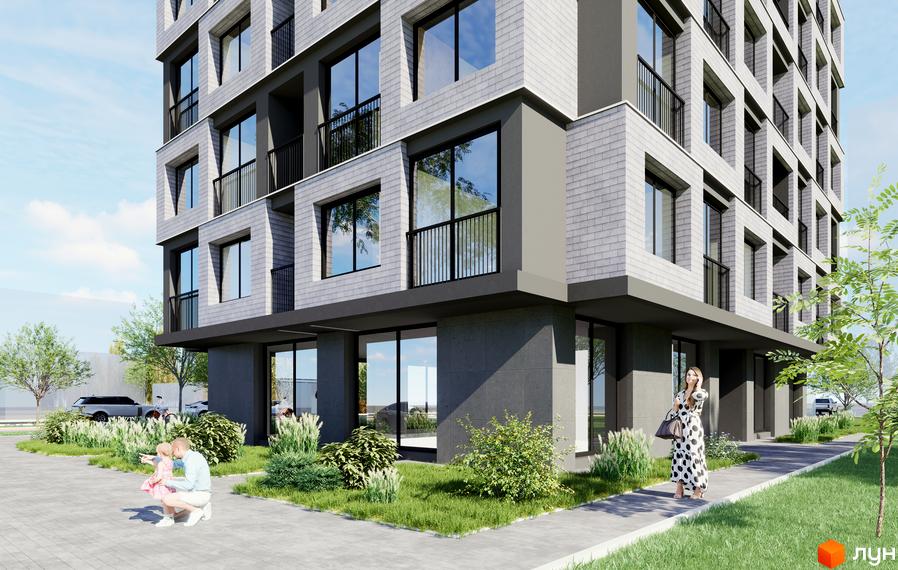 Будівельний проєкт BRAVE з сірою цегляною облицовкою та великими вікнами. На прибудинковій території зелені насадження та доріжки.