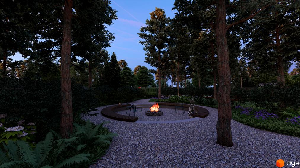 Котеджне містечко KM WOODCOUNTRY. Затишна зона відпочинку з каміном серед дерев та зелені.