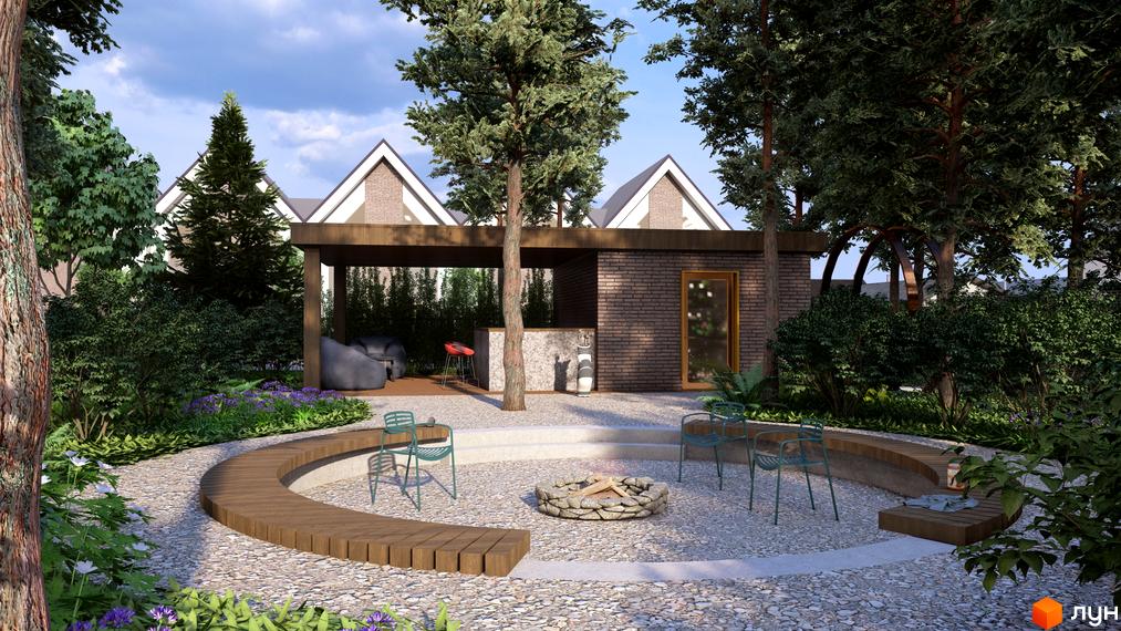 Зона відпочинку з вогнищем та лаунж-зоною біля котеджного містечка КМ WOODCOUNTRY. Зелена територія з деревами та квітами.