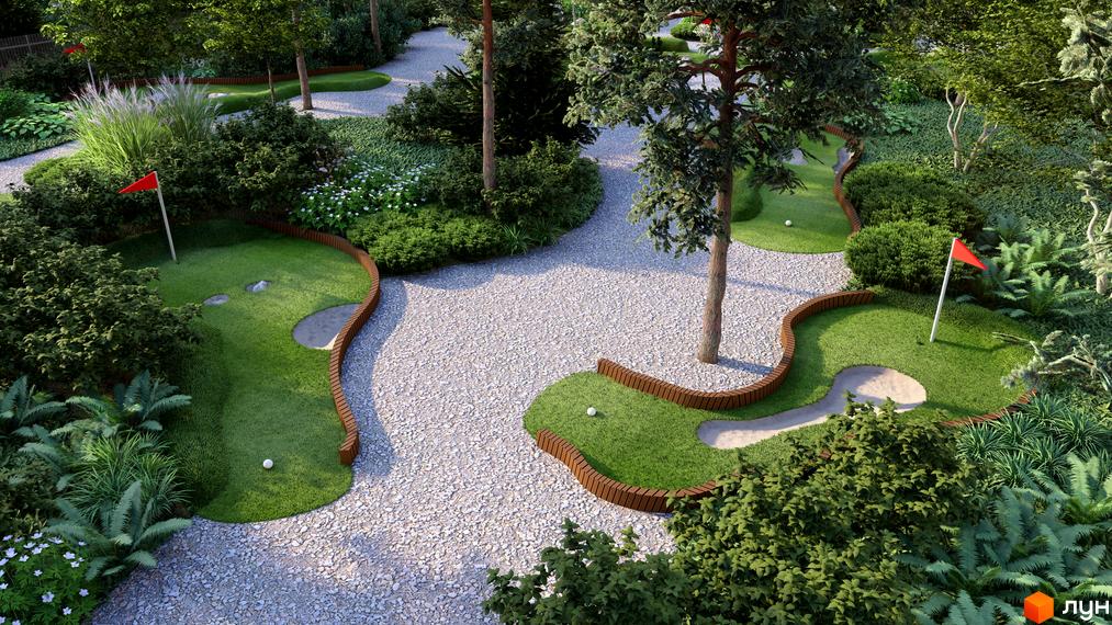 Котеджне містечко WOODCOUNTRY: зелена територія з міні-гольфом та доріжками для прогулянок. Насолоджуйтесь відпочинком на природі.