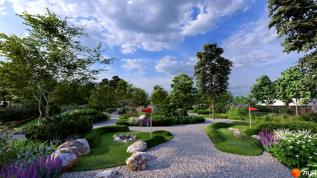 КМ WOODCOUNTRY - котеджне містечко з доглянутою територією та міні-гольфом. Зелені зони, квіти та дерева створюють затишну атмосферу для відпочинку.