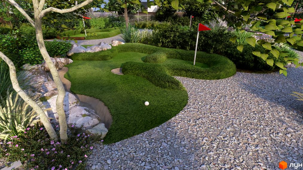 Котеджне містечко КМ WOODCOUNTRY: зелений міні-гольф з червоними прапорцями та кам'яними елементами. Прибудинкова територія з деревами та квітами.