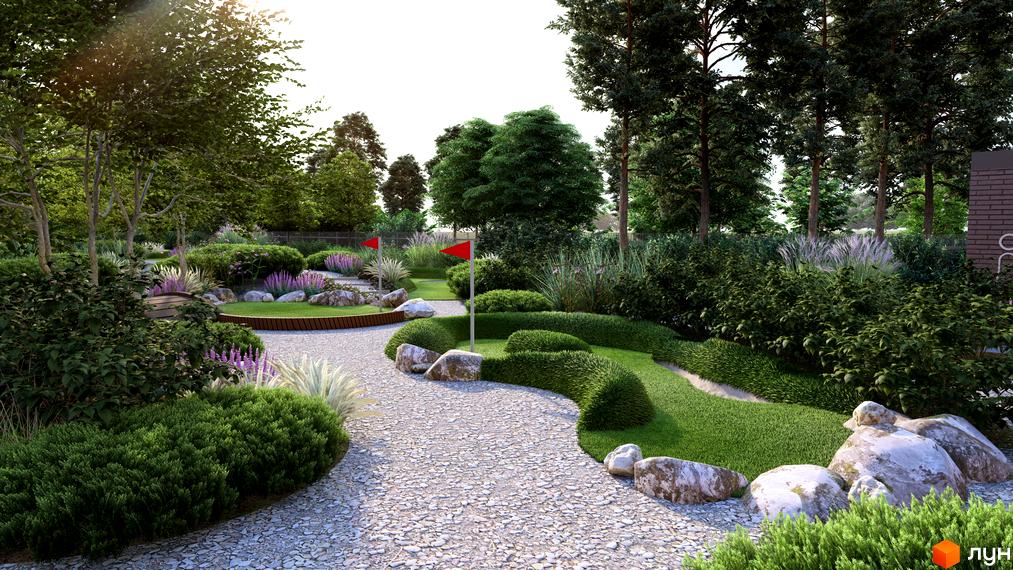 Котеджне містечко КМ WOODCOUNTRY: мальовничий міні-гольф з червоними прапорцями та доріжками з гравію серед пишної зелені та дерев.