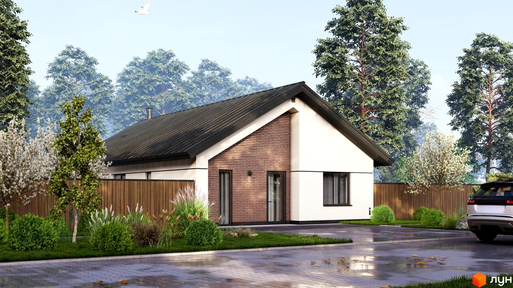 Котеджне містечко WOODCOUNTRY: одноповерховий будинок з цегляним фасадом та темним дахом, оточений зеленню та парканом. Навколо будинку доглянута прибудинкова територія з деревами та кущами.