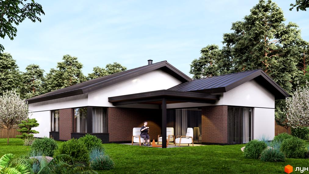 Котеджне містечко КМ WOODCOUNTRY. Одноповерховий будинок з цегляним фасадом та навісом, оточений зеленню та деревами.