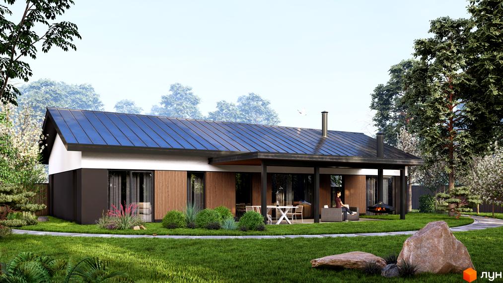 Котеджне містечко КМ WOODCOUNTRY: одноповерховий будинок з темним дахом та дерев'яними елементами фасаду, терасою, зоною відпочинку та доглянутою прибудинковою територією з газоном і деревами.