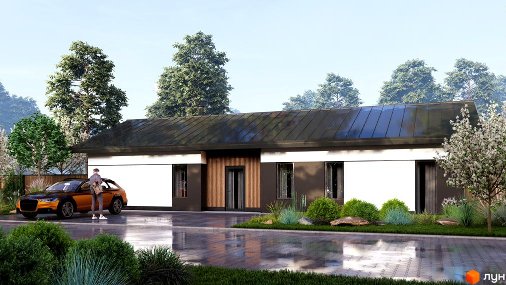 Котеджне містечко КМ WOODCOUNTRY: одноповерховий будинок з темним дахом та білими стінами, прибудинкова територія з автомобілем та зеленими насадженнями.