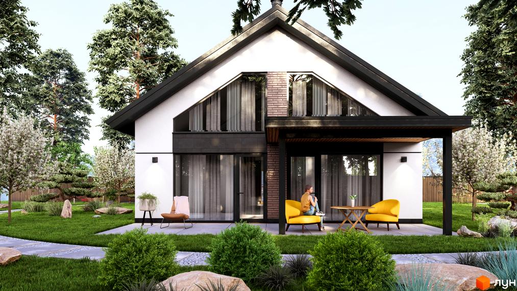 Котеджне містечко КМ WOODCOUNTRY: одноповерховий будинок з великими вікнами та навісом, оточений доглянутим садом з деревами та кущами.