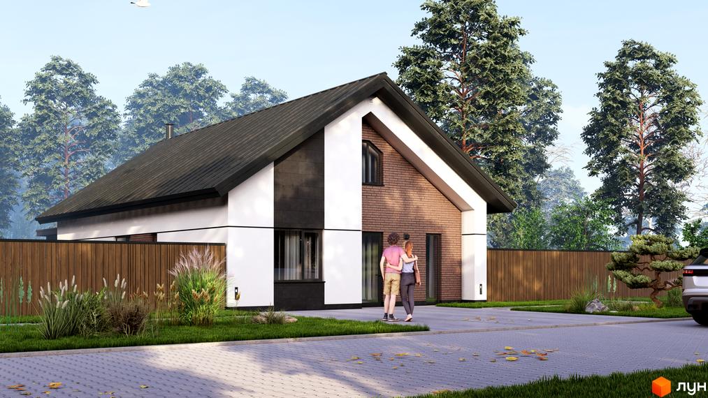 Котеджне містечко WOODCOUNTRY: двоповерховий будинок з цегляним фасадом та білими вставками, огороджена територія з деревами та доглянутим газоном.