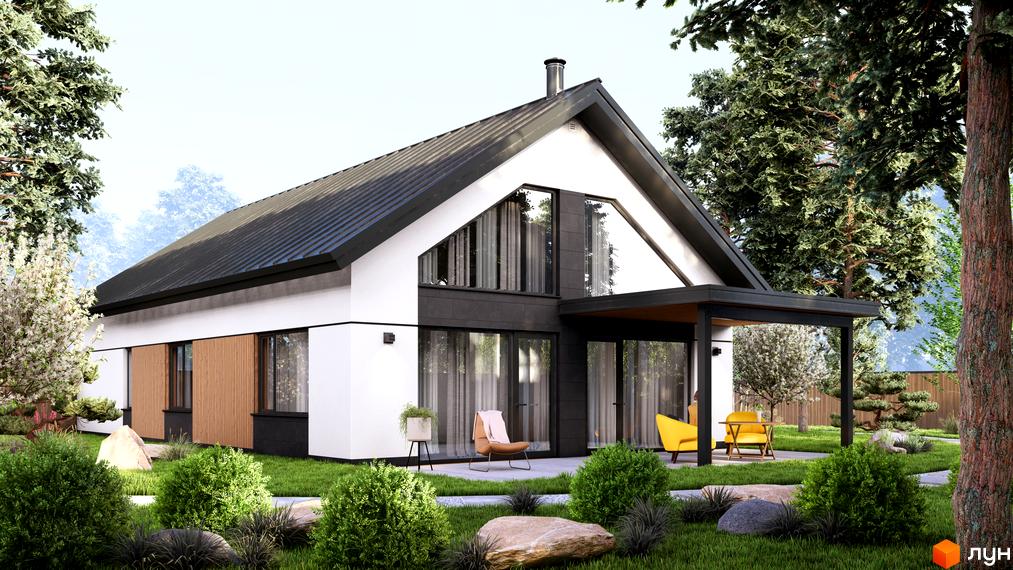 Котеджне містечко WOODCOUNTRY: одноповерховий будинок з двосхилим дахом, великими вікнами та терасою, оточений зеленню та деревами.