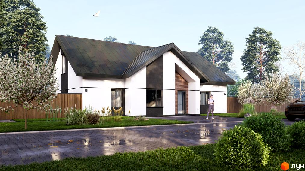 Котеджне містечко КМ WOODCOUNTRY: двоповерховий будинок з темним дахом та білими стінами, прибудинкова територія з деревами та зеленими насадженнями.